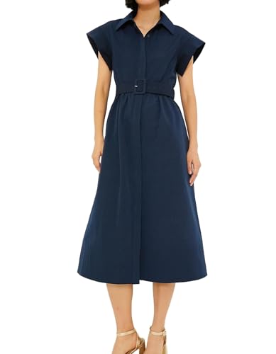 Womens 2025 Summer Short Sleeves Midi Dress Casual Button Down Long Dress with Belt