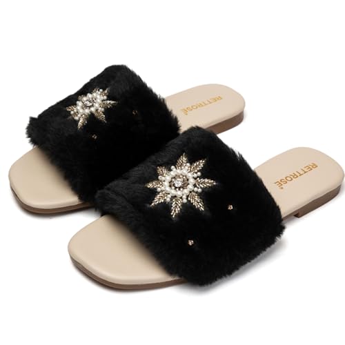 Taylor Women’s Black Luxury Handmade Slippers – Faux Fur Sliders with Diamanté Embellishment, Comfortable Plush Indoor Footwear4