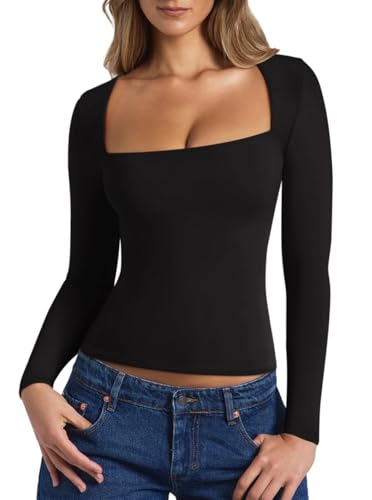 REORIA Fall Sexy Basic Square Neck Tops for Women Long Sleeve Double Lined Full Length Fitted T Shirts Tops2