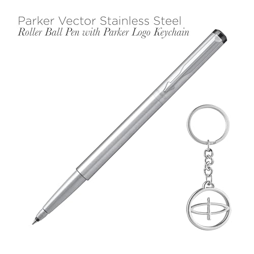 Image of Parker Vector Stainless Steel Chrome Trim Roller Ball Pen and Silver Key Chain, Blue Ink, Medium Point - Gift Set for Professionals, Executives, and Students