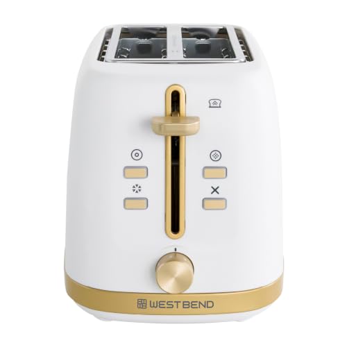 Image of West Bend Timeless 2-Slice Toaster with 7 Browning Levels, Bagel /Waffle /Defrost Settings, High-Lift Lever, Anti-Jam, Easy-Clean Crumb Tray, 2-Slice, White /Gold