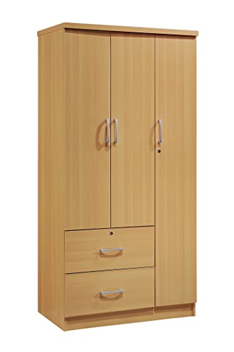 Hodedah 3-Door Armoire with 2-Drawers, 3-Shelves in Beech