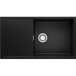 Fregadero 90 Fregadero Cocina 90 x 50 cm, Fregadero Granito Un Seno + Sifón Clásico, Fregadero Empotrado con Escurridor Ibiza 900 de Primagran, Negro