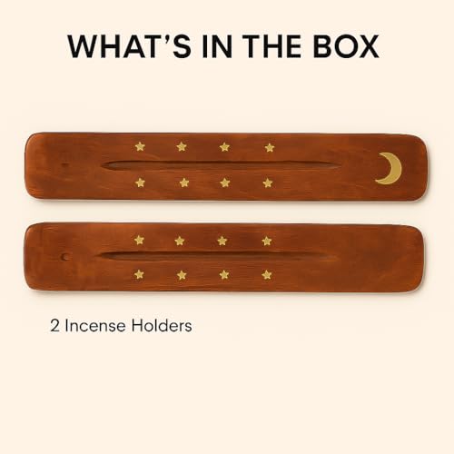 Image of Pure Source India Wooden 10 inch Incense Stick Holder with Brass Moon & Star Inlay Design (Set of 2)- Handmade Agarbatti Stand for Home, Puja, and Meditation