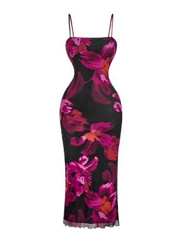 Image of BEAUDRM Women's Sexy Floral Plus Size Dress Date Night Club Cocktail Dress | Summer Vintage Mesh Bodycon Maxi Dress, Elegant Wedding Guest Dresses
