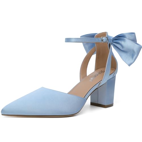 RIBONGZ Wedding Bridal Blue Shoes for Women Chunky Block Heel Pumps Closed Pointed Toe Heels with Elegant Bow Knot Comfort Evening Party Prom Office Shoes Size 7.5