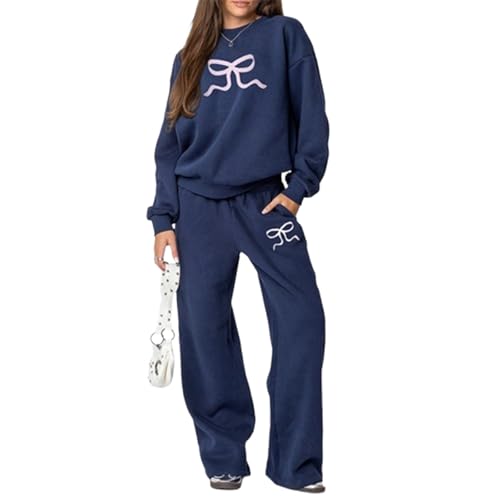 Pivanzore 2 Piece Lounge Sets for Women Fall Sweatsuit Bow Print Long Sleeve Crew Neck Wide Leg Sweatpants Matching Tracksuit