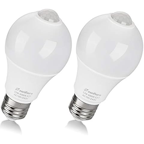 Zanflare Dusk to Dawn LED Bulb, 12W E27 Smart PIR Sensor LED Bulbs, Cold White 6000K, 850LM, Automatic LED Light Bulb for Front Door Porch Garage Basement Hallway Stairs (2 Pack) Cover
