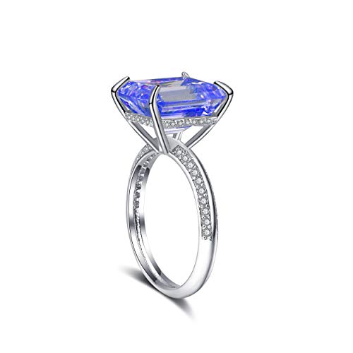 BAYAM Emeral Cut Cubic Zirconia Ring CZ Cocktail Gemstone Ring 14K White Gold Plated Engagement Wedding Rings Women (6, Blue (Sapphire))