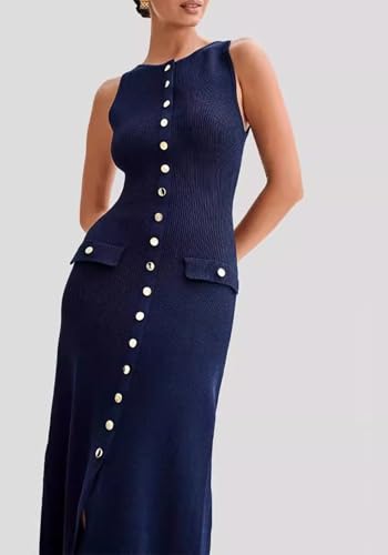 Famnbro Womens Elegant Dress Knit Sleeveless 2025 Summer Button Bodycon Office Work Business Casual Dresses3