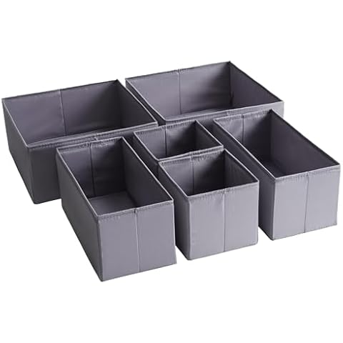 TYEERS Drawer Organizers, Durable Fabric, Washable, with Base Support Boards, Small Storage Boxes for Bathroom, Closet, Dresser, Set of 6, Dark Grey Cover