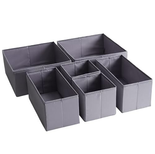 Drawer Organizers, Durable Fabric, Washable, with Base Support Boards, Small Storage Boxes for Bathroom, Closet, Dresser, Set of 6, Dark Grey