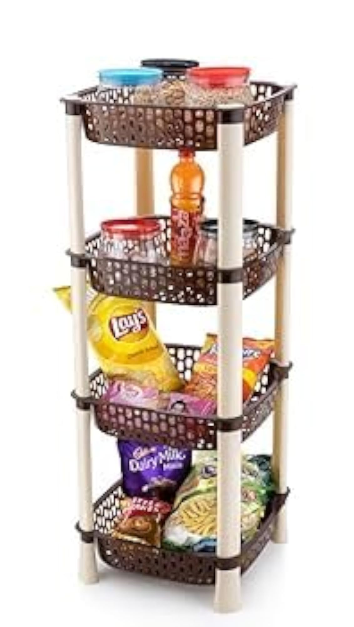 Kitchen Storage Rack, Brown Plastic Baskets with White Stand, Multi-Purpose Organizer for Fruits and Snacks