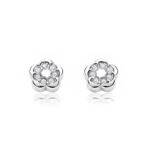 Pendientes niña oro blanco flor circonitas de Mondepetit con estuche para regalo