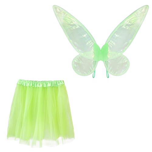 Disfarce de fada para mulher, conjunto de saia e asas de tule verde, fantasia de princesa de elfo da floresta para Halloween, eventos de fantasia, carnaval (verde claro, adulto/40 cm, fada da floresta