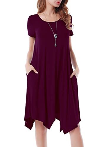 Invug Women Casual Loose Soft Crewneck Short Sleeve Pockets Swing T-Shirt Zigzag Hem Dress Maroon 3Xl #TOP1