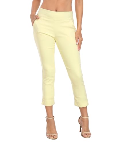 HDE Pull On Capri Pants for Women with Pockets Elastic Waist Cropped Work Pants Pale Yellow - L