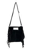 Sac à main en daim avec franges - Fabriqué en Italie - Sac à bandoulière en cuir rugueux - Disponible en deux variantes, V1 noir, 26x22x4 cm