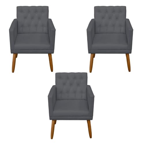 Kit 3 Poltronas Capitone Decorativa para Sala de Estar Recepção Sala de Espera estofada pés palito madeira MOBLAN Decor (Cinza)
