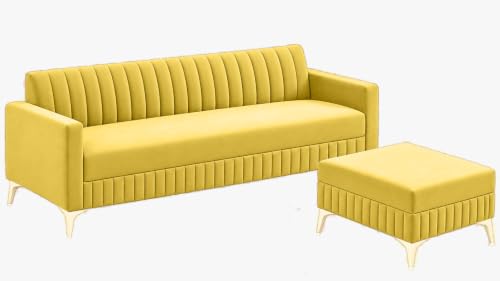 Image of AMATA Falcon 4 Seater L Shape Suede Velvet Fabric Yellow Colour Sofa Set with Two Cushions Perfect for Home Office Guests Living Room (Falcon Yellow Blue, Falcon 4 Seater l Shape)(3 Year Warranty)