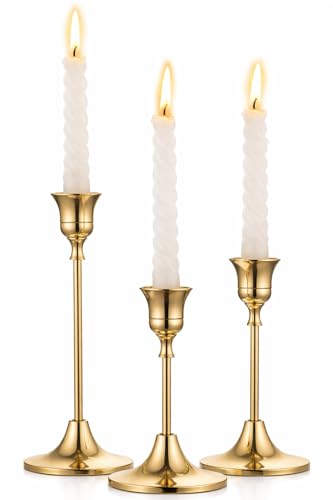 IBSales | Set of 3 Metal Taper Candle Holders – Gold Vintage-Inspired Decorative Centerpiece for Table, Mantel, Wedding, or Housewarming Gift – Elegant Modern Design.