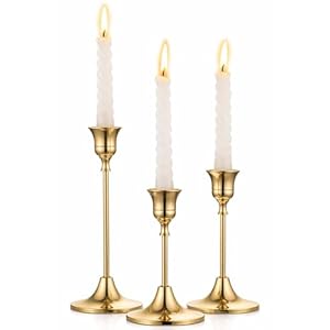 IBSales | Set of 3 Metal Taper Candle Holders – Gold Vintage-Inspired Decorative Centerpiece for Table, Mantel, Wedding, or Housewarming Gift – Elegant Modern Design.