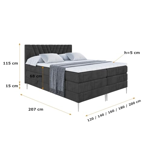 ALTDECOR Boxspringbett mit Silber Füßen, Matratze und Lattenrost, Topper, Polsterbett mit Bettkasten, Bett mit Stauraum H3- und H4- Matratze, Doppelbett -ERNINA-FS KING-200x200 - Schwarz Casablanca – Bild 3