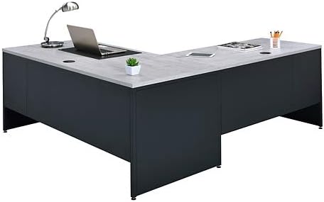 Miniatura 3 de NBF - Escritorio de trabajo reversible en forma de L de carbono para oficina ejecutiva, escritorio laminado duradero con pedestal de 4 cajones,