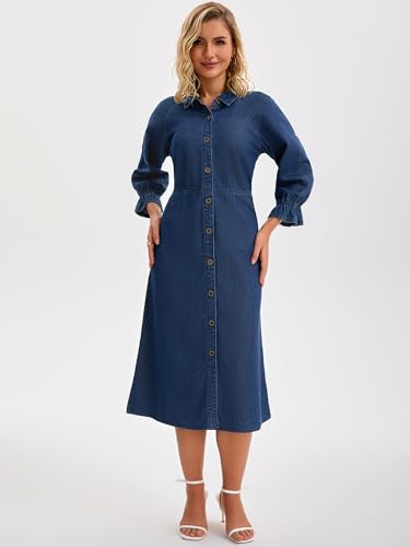 Women Denim Dresses Midi 2025 Casual Ruffle Long Sleeve Jean Button Down Shirt Dress3