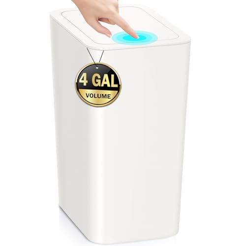Image of 4 Gallon Bathroom Small Trash Can with Lid, 15L Slim Garbage Bin Wastebasket with Pop-Up Lid for Bedroom, Office, Kitchen, Dorm, Fits Under Desk
