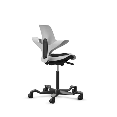 Image of HAG Capisco Puls Adjustable Sit to Stand Desk Chair-White Frame-Blue Plastic-Blue Full Cushion with Footring