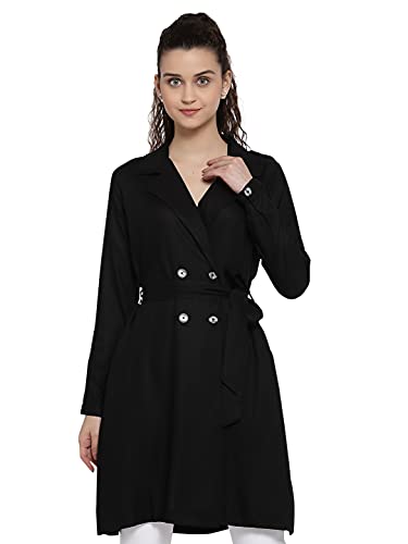 Image of Style Quotient Women Black Solid Double-Breasted Trench Coat