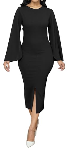 Women Church Dresses Bodycon Work Dress Bell Long Sleeve Round Neck Business Pencil Dresses4