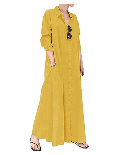 Image of Ladyful Women's Cotton Linen Maxi Shirt Dress Long Sleeve Button Down Shirtdress Beach Summer Dress Pockets