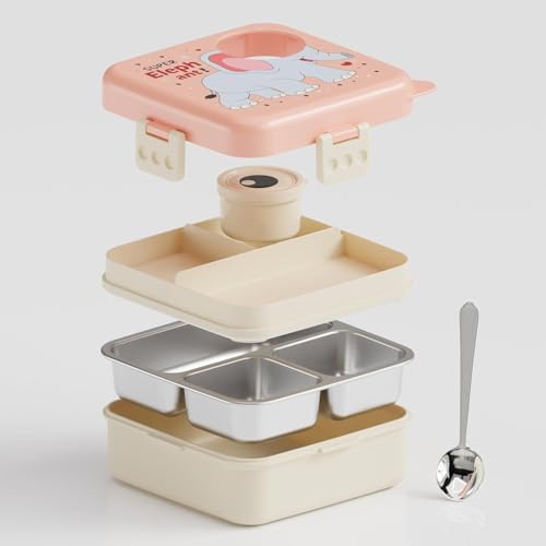 Image of TEKCOOL Kids Lunch Box for School, Stainless Steel Insulated Tiffin Box with Spoon, Leak Proof 3 Compartments Bento Box, BPA Free Food Grade Lunch Box for Kids, 1120 ml + 70 ml (Pink, Super Elephant);