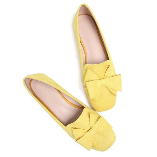 Image of WENJIAZHIZHI Square Toe Bow Ballet Slip-On | Classic Suede Finish,Chic Bow Detail,Effortless Everyday Style,Wedding Party Office,Plus Size Available