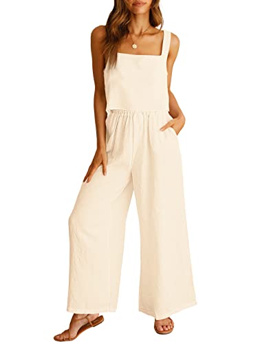 Prinbara 2 Piece Outfits for Women Summer Vacation Sleeveless Linen Crop Tank Top Casual Matching Lounge Sets Comfy Tracksuits Long Pants Jumpsuits 2024 Fashion Travel Outfit 7PA32-mihuang-XXL