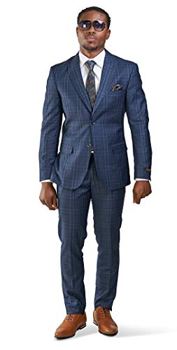 Slim Fit Suit 2 Button Peak Lapel Windowpane Plaid 35071 Navy No Vest 40R #TOP2