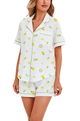 Image of LUBOT 100% Cotton Women's Pajamas Set PJ Set Button-Down Short Sleeve 2 Piece Set Printed Patterned Summer Night Suit Sleepwear Loungewear (Lemon, S)
