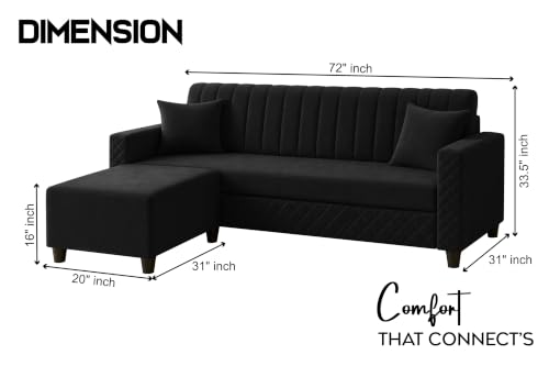 Image of L-Shaped 3 Seater Sectional Sofa with Ottoman | Modern Upholstered Couch | Vertical Channel Tufted Backrest | Diamond Quilted Arms & Base | Comfortable Living Room Furniture - Black