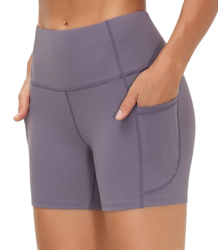 Image of THE GYM PEOPLE High Waist Yoga Shorts for Women's Tummy Control Fitness Athletic Workout Running Shorts with Deep Pockets