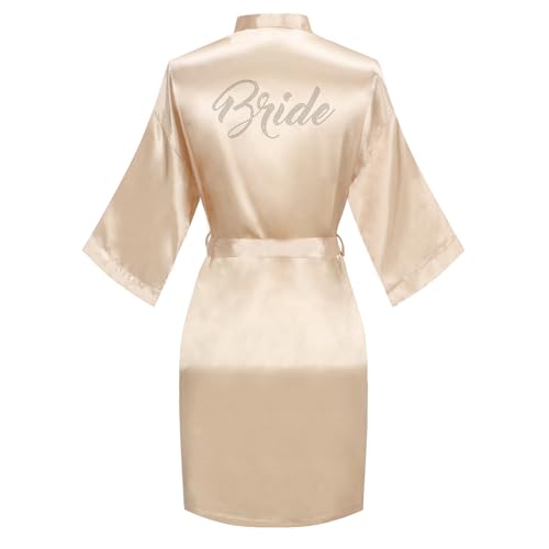 Image of Women's Bride Bridesmaid Robes Short Satin One Size Silver Rhinestones Wedding Party Getting Ready Sleepwear