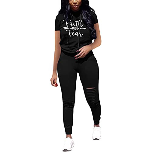 Image of Nimsruc Two Piece Outfits For Women Summer Womens Sweatsuits Sets Jogger Set Sweat Suits Tracksuit Black Letter XXL