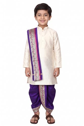 Image of Boys Dhoti Kurta Set Sherwani Style for Kids | Ethnic Traditional Kids Wear with Patiala Dhoti & Dupatta | Wedding Dress for Boys | Indian Cultural Outfit for Puja Festival Party