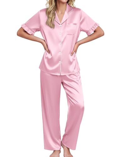 Image of Ekouaer Silk Satin Pajamas for Women Set 2 Piece Short Sleeve Button Up Pjs