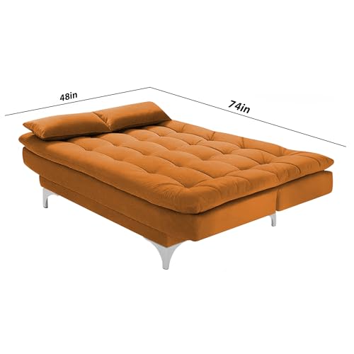 Image of Casaliving Danny Sofa Cum Bed for Living Room Premium Fabric Sofa New 3 Seater Sofa Cum Bed Velvet Fabric with 2 Cushions and Suitable for All Indoor (ORANGE1)