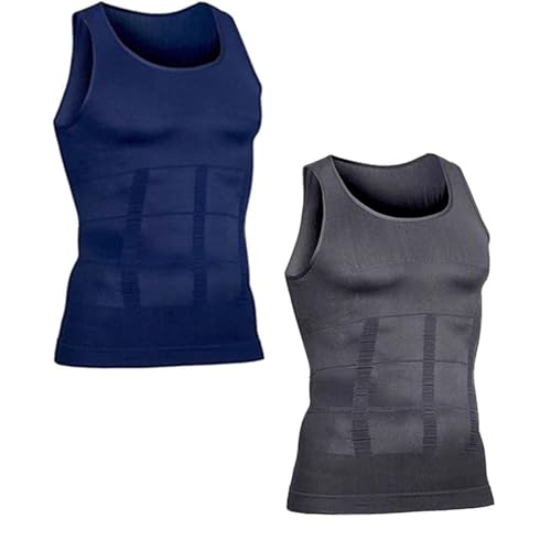 Camiseta sin mangas moldeadora para hombre, camiseta sin mangas de compresión para hombre, camiseta interior esculpida para crear un aspecto tonificado y seguro, azul+gris, X-Large