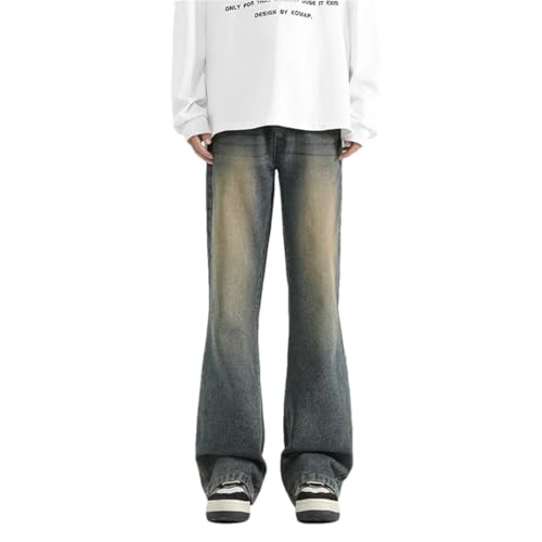 Men Slightly Flared Floor-Length Jeans Solid-Color Retro Loose Straight-Leg Pants Casual Pants