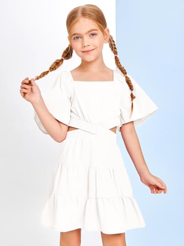 Batermoon Girls Summer Dress Square Neck Short Sleeve Crossover Waist Casual A-line Mini Dress3