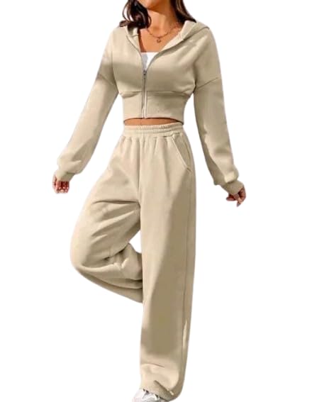Women's Two Piece Tracksuit Set, Cream Cropped Zip-Up Hoodie with Wide Leg Sweatpants, Casual Athletic Loungewear (IN, Alpha, M, Regular, Cream)